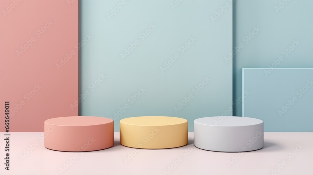 Three geometric, round, cylindrical shaped object on floor in mauve pink, yellow pastel colors. Minimal concept of dais, pedestals or mockup for product display  or object presentation or advertising - obrazy, fototapety, plakaty 
