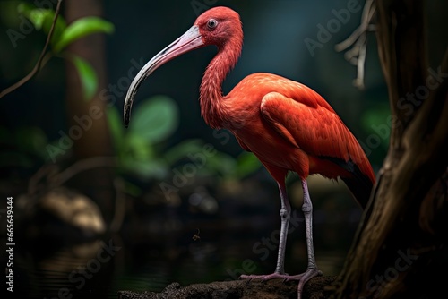 A vibrant red Scarlet ibis perched on a rocky surface created with Generative AI technology