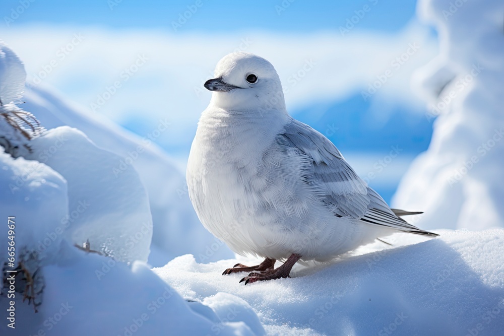 Obraz premium A majestic Snow Petrel bird perched on a snowy landscape created with Generative AI technology
