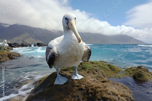 A serene Wandering Albatross perched on a rocky shoreline created with Generative AI technology