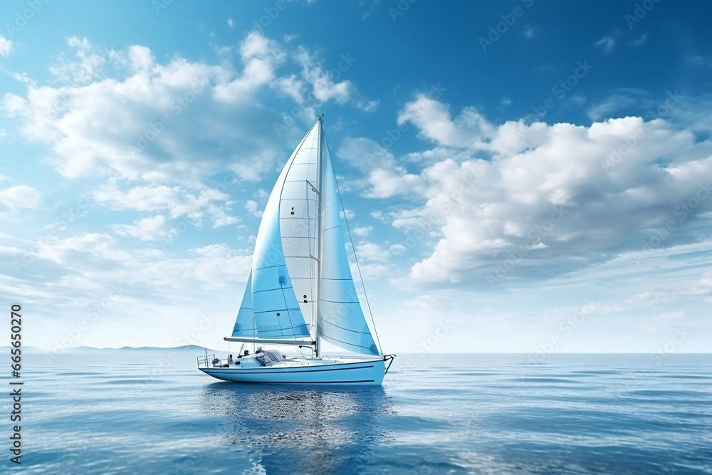 Naklejka premium Small white sailboat on the blue sea in a clear day
