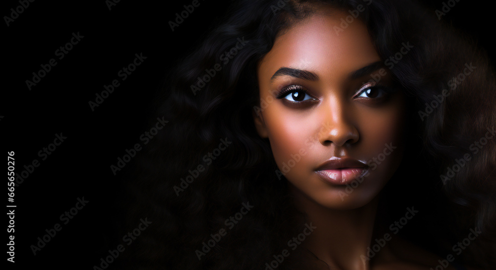 Beautiful black young woman model with black hair on dark background. Composition with copyspace. Beautiful black young woman model with black hair on dark background. Composition with copyspace.