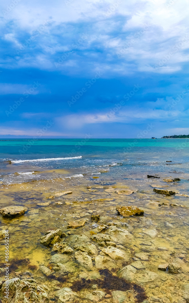 Stones rocks corals turquoise green blue water on beach Mexico. Stones rocks corals turquoise green blue water on beach Mexico.