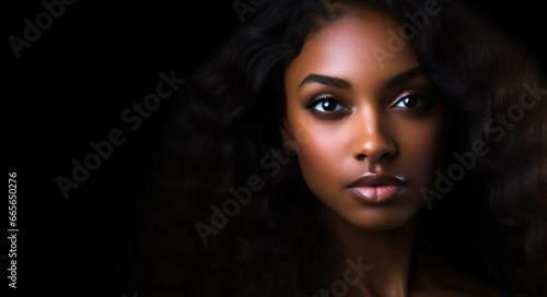 Beautiful black young woman model with black hair on dark background. Composition with copyspace.