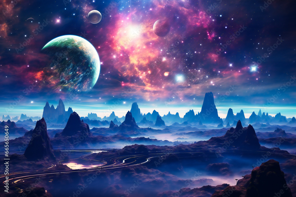 Cosmic scene with planets and galaxies in background Cosmic scene with planets and galaxies in background