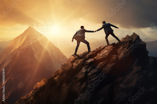 Businessman helping friend to reach on top of mountain with sun rising background. Teamwork concept.