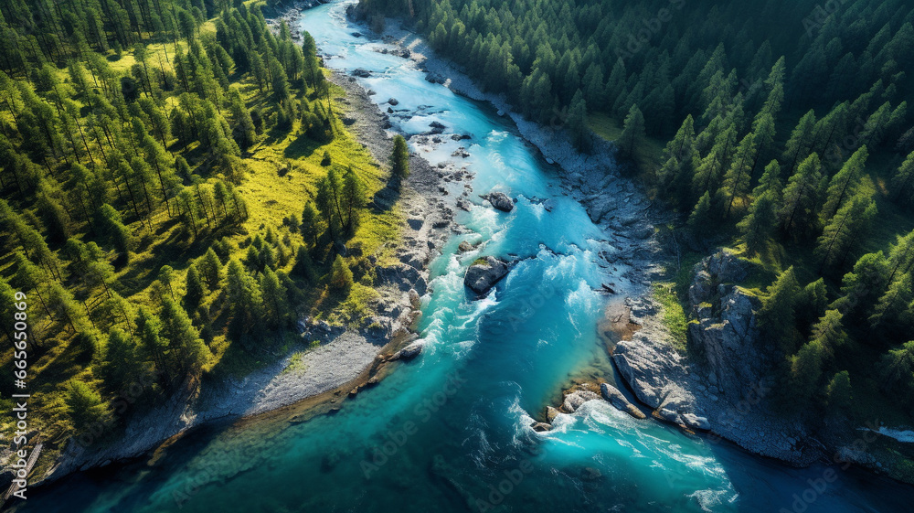 Top view of blue river in the green forest.