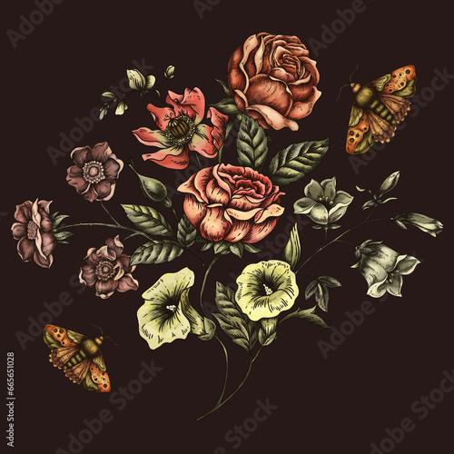 Vintage floral greeting card. Blooming dark flowers, Victorian wildflowers