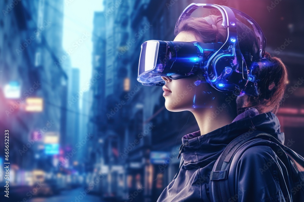 Double exposure photography of closeup VR gamer and the beautiful sci-fi city. Generative AI. Double exposure photography of closeup VR gamer and the beautiful sci-fi city. Generative AI.