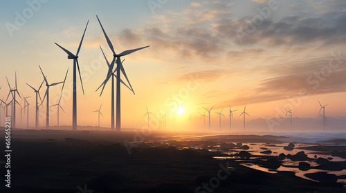wind turbines silhouetted against the break of dawn, quietly harnessing the early morning breeze to power a sustainable future