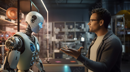 young adult person interacts with a humanoid robot in a modern, well-lit technology lab