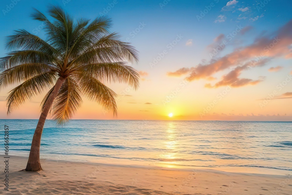 Sunset on sandy beach with palm