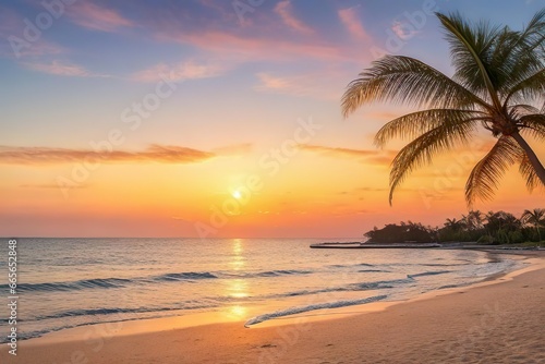 Sunset on sandy seaside with palm © bohemama