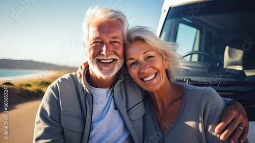 Seniors couple on a memorable road trip, showcasing their enthusiasm for exploration. RV motorhome or caravan vanlife