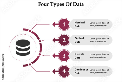 Four types of data - nominal Data, Ordinal Data, Continuous Data, Discrete data. Infographic template photo