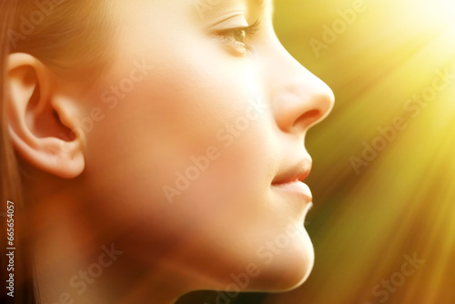 Close-up of a young woman's face in the sun, side view