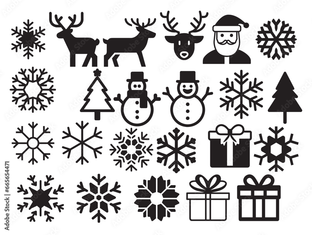 Vector set of Christmas icons. Santa, snowman, snowflake, gift box, reindeer, christmas tree. Merry Christmas and Happy New Year pictograms.