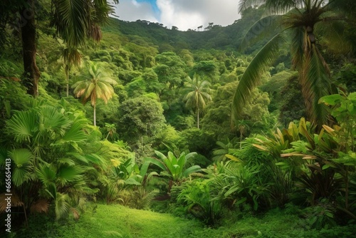 A wide view of lush green vegetation in a tropical setting. Generative AI