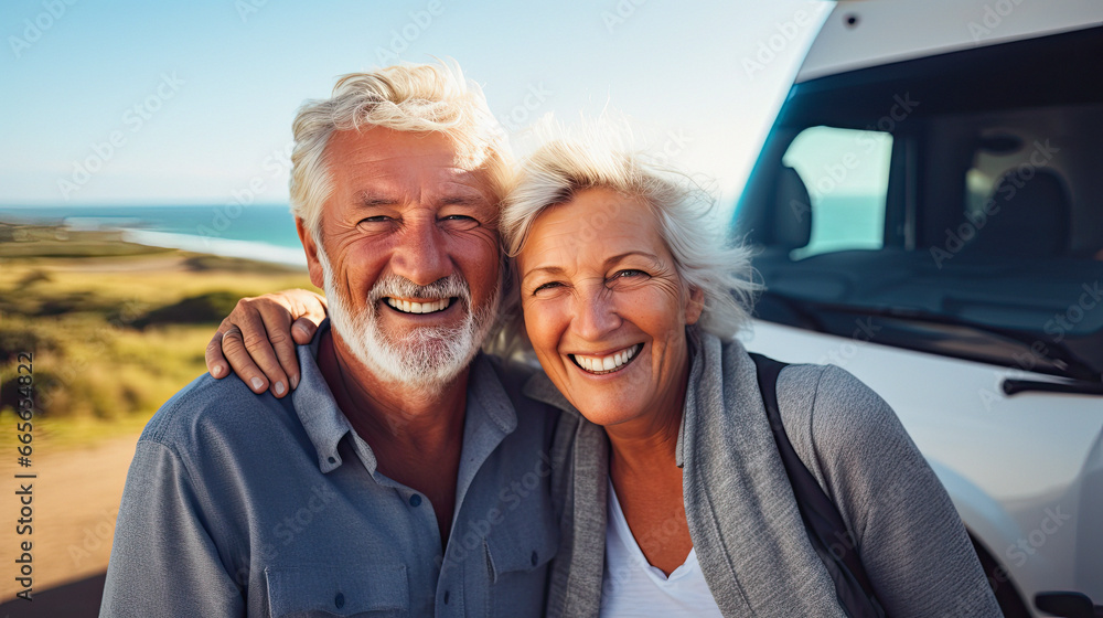 Seniors couple on a memorable road trip, showcasing their enthusiasm for exploration. RV motorhome or caravan vanlife