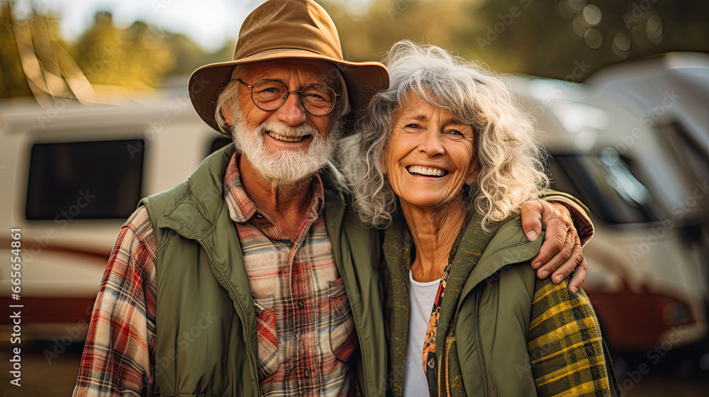 Seniors couple on a memorable road trip, showcasing their enthusiasm for exploration. RV motorhome or caravan vanlife Seniors couple on a memorable road trip, showcasing their enthusiasm for exploration. RV motorhome or caravan vanlife