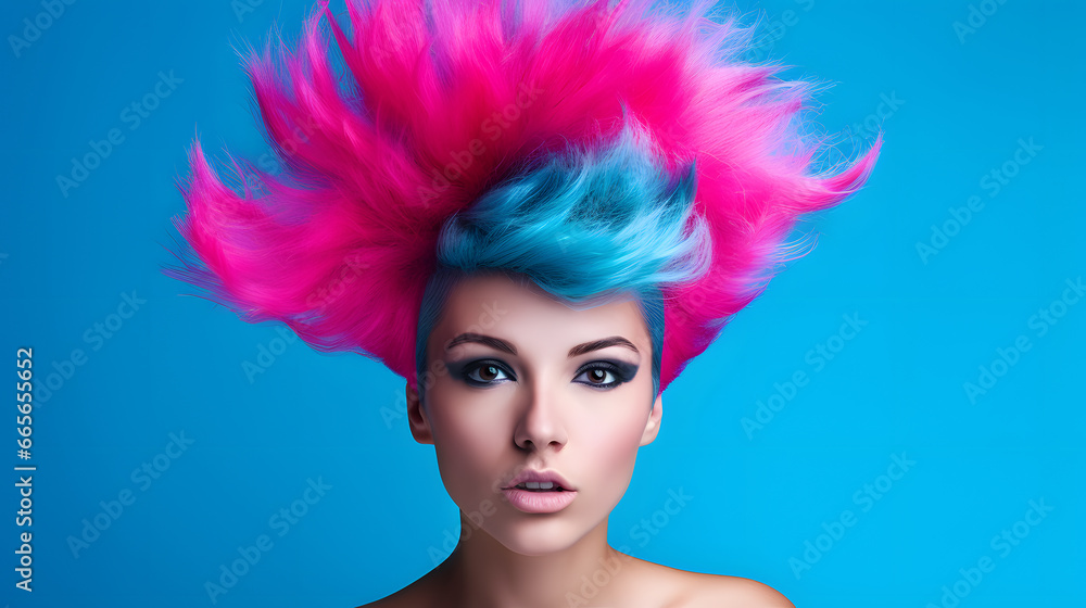 Colorful studio portrait of a cool teenager girl with a crazy haircut. Bold, vibrant and minimalist. Generative AI