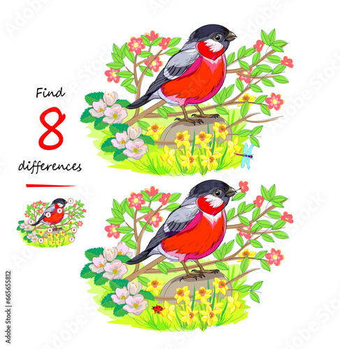 Find 8 differences. Illustration of cute little bird in spring garden. Logic puzzle game for children and adults. Page for kids brain teaser book. Task for attentiveness. Vector cartoon drawing.