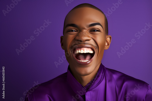 Colorful studio portrait of an ethnic man smiling happily. Deep purple dominant color. Generative AI