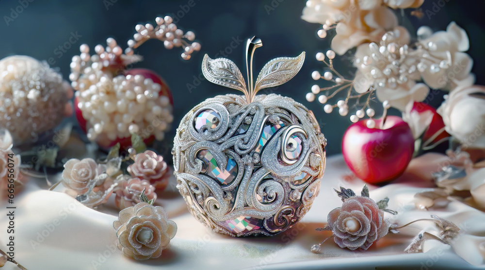 Apple in the snow, Christmas, new year, winter, celebration, elegance style, ornament, gems, crystal, precious stones, posh luxurious decorations, festive fantasy Apple in the snow, Christmas, new year, winter, celebration, elegance style, ornament, gems, crystal, precious stones, posh luxurious decorations, festive fantasy