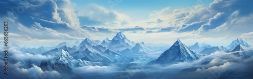 Panoramic view of mountain peaks covered with snow