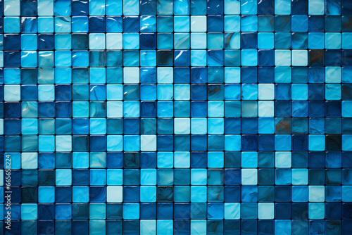 Blue mosaic texture with tiles of varying shades from light to dark and sizes arranged in a grid-like pattern captured in close-up detail.