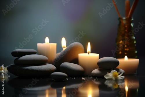 Arrangement of stones  candles  and a blurred backdrop  evoking water  relaxation  and spa. Generative AI