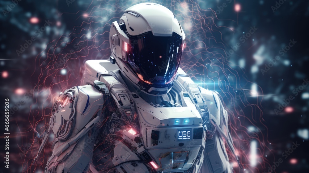 The image shows a futuristic robot wearing a helmet and standing in front of a starry sky. The robot is standing on a rocky surface. The sky behind the robot is filled with stars. The image shows a futuristic robot wearing a helmet and standing in front of a starry sky. The robot is standing on a rocky surface. The sky behind the robot is filled with stars.