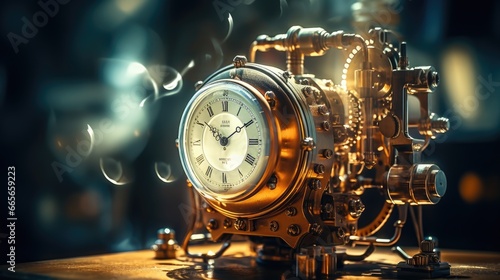 A steampunk clock with a large, round face and a brass border. The clock is surrounded by gears and other mechanical elements. © Aris Suwanmalee