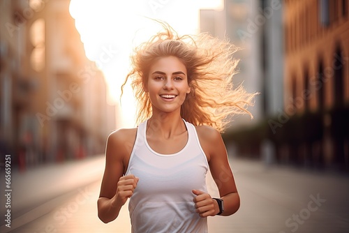 Vibrant concept of a joyful woman jogging in the great outdoors