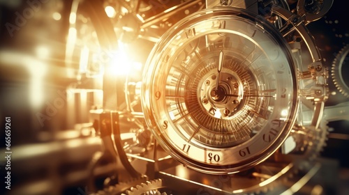 A steampunk clock with a large, round face and a brass border. The clock is surrounded by gears and other mechanical elements. © Aris Suwanmalee