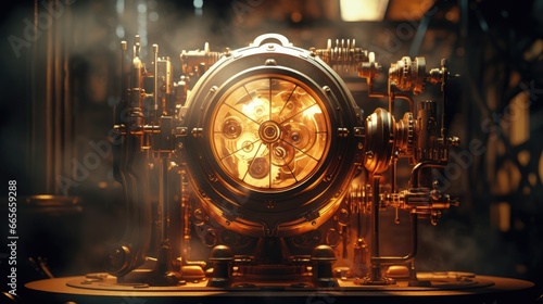 A steampunk clock with a large, round face and a brass border. The clock is surrounded by gears and other mechanical elements.