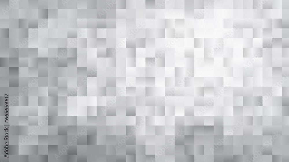 Pattern of light gray and grey evenly spaced squares with color gradient on a textured white paper background. Abstract and modern geometric background in 4k resolution. - obrazy, fototapety, plakaty 