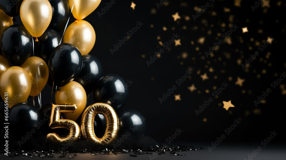 Background for a 50 years birthday, golden wedding anniversary, golden numbers on a black background. Golden and black balloons. Golden numbers. Party invitation, menu.	 - obrazy, fototapety, plakaty 
