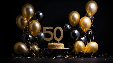 Background for a 50 years birthday, golden wedding anniversary, golden numbers on a black background. Golden and black balloons. Golden numbers. Party invitation, menu.	