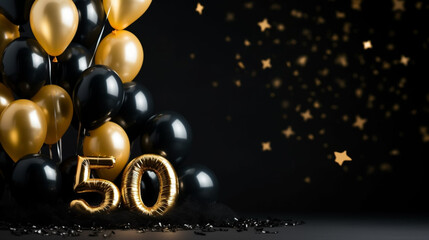 Background for a 50 years birthday, golden wedding anniversary, golden numbers on a black background. Golden and black balloons. Golden numbers. Party invitation, menu.	