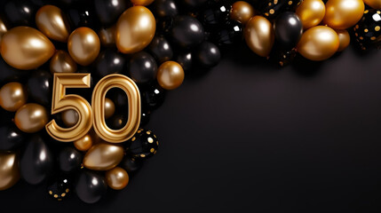 Background for a 50 years birthday, golden wedding anniversary, golden numbers on a black background. Golden and black balloons. Golden numbers. Party invitation, menu.	