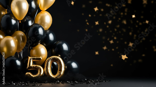 Background for a 50 years birthday, golden wedding anniversary, golden numbers on a black background. Golden and black balloons. Golden numbers. Party invitation, menu.	 photo