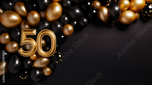 Background for a 50 years birthday, golden wedding anniversary, golden numbers on a black background. Golden and black balloons. Golden numbers. Party invitation, menu.	 photo