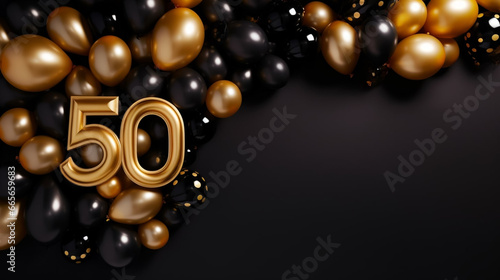 Background for a 50 years birthday, golden wedding anniversary, golden numbers on a black background. Golden and black balloons. Golden numbers. Party invitation, menu.	
