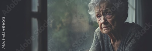 Elderly woman near a window. Dramatic concept for mental illness, loneliness, alzheimer, dementia, depression, grief, sadness.