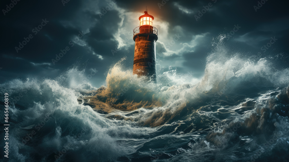 lighthouse in the ocean With stormy waves in the night
