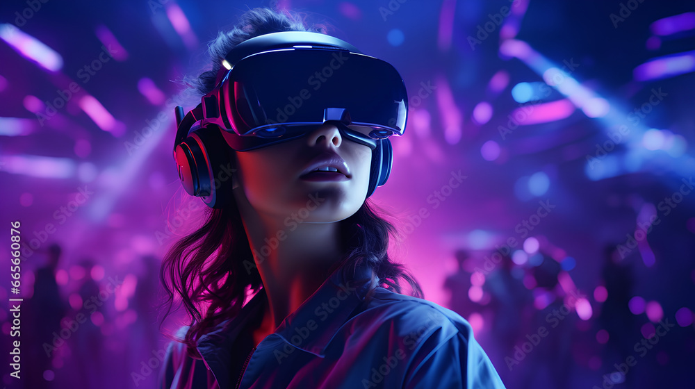 Teenage girl Generation Alpha with wearing VR headset purple neon lighting, science technology futuristic concept. Teenage girl Generation Alpha with wearing VR headset purple neon lighting, science technology futuristic concept.