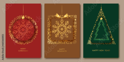Set of chic elegant cards, flyers, posters for New Year, Christmas greetings. Modern minimal flat style with golden shiny snowflakes. Holiday gift, Christmas tree, ball design. Festive prints.