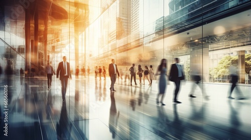 Dynamic Business Collaboration: Abstract Motion Blur of Corporate Professionals in City Office, Symbolizing Teamwork, Trust, and Successful Partnership. Cinematic Color Tone, Business Center Concept