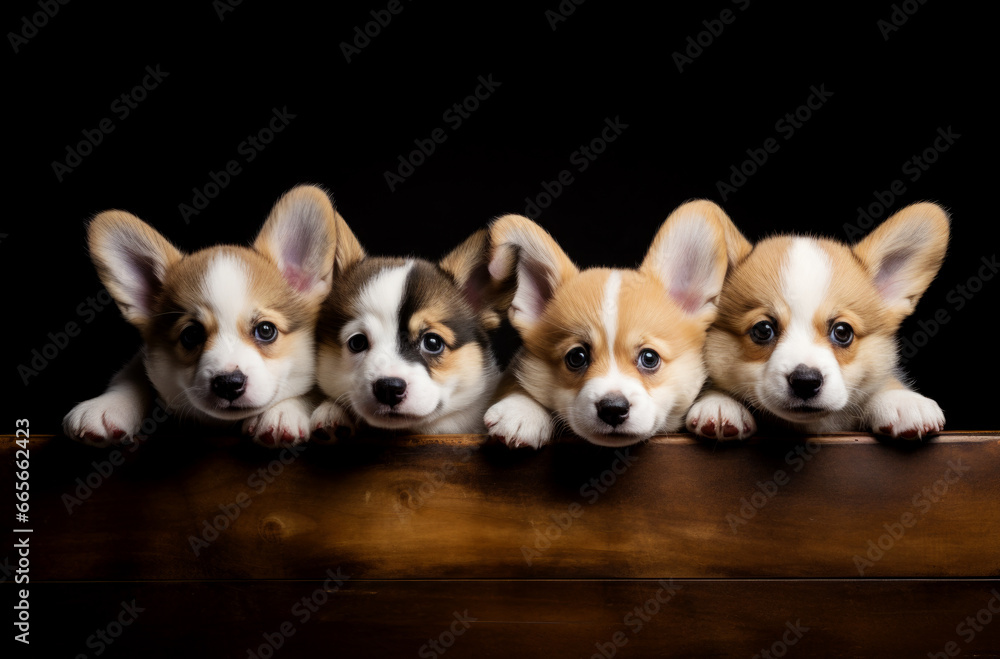 A group of cute smiling corgi dog puppies sitting on a black background. AI generated A group of cute smiling corgi dog puppies sitting on a black background. AI generated
